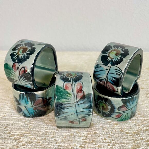 Floral Hand Painted Mexican Pottery Napkin Rings - Picture 2 of 16